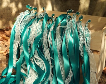 Teal Green Wedding Wands, White Lace, Gold Bells, Send Off Ribbon Streamers
