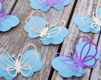 Recortes de mariposas de papel: turquesa, dorado y morado, decoración para fiesta de cumpleaños (juego de 10)