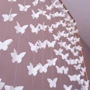 Ivory Paper Butterfly Garland, Hanging Wedding Backdrop, Butterfly Baby Shower Decor