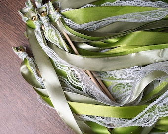 Olive and Lime Green Ribbon Wands with White Lace, Flower Girl Wands, Wedding Exit