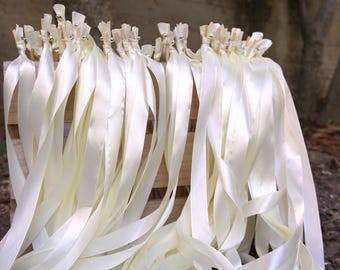 10 Ivory Ribbon Wands with Bells, Wedding Sticks, Marriage Send Off, Ceremony Exit Wands