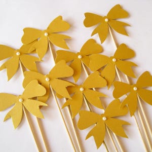 Gold Bow Toppers, Pack of 12, Bow Cupcake Toppers, Wedding Favors, Baby Shower Decor, Birthday Party Toppers, Paper Bow Picks