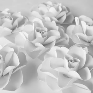 6 rose di carta bianche, sfondo floreale, fiori per festa di matrimonio, fiori per addio al nubilato, centrotavola, fiori da parete per cameretta, camera da letto per bambine