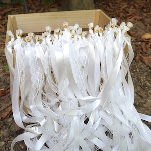 Elegant white ribbon wand with lace, handmade eco wedding confetti alternative.