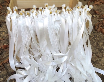 Varillas de cinta de boda blancas con encaje, serpentinas de satén para despedidas y recuerdos de ceremonia.