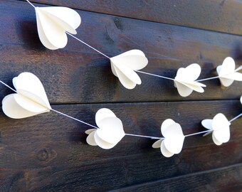 3D Ivory Paper Heart Garland for Wedding Decor, Heart Bunting, Valentines Day Garland, Bridal Shower Decor