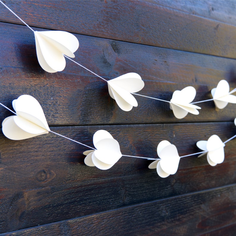 3D Ivory Paper Heart Garland for Wedding Decor, Heart Bunting, Valentines Day Garland, Bridal Shower Decor image 1