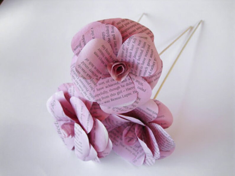 Book Page Flowers Stem Roses Book Paper Flowers Wedding Etsy