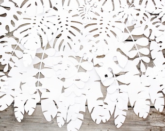 Recortes de hojas de Monstera de papel blanco, decoración tropical para fiesta de cumpleaños, paquete de 50, baby shower safari