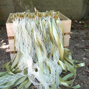Wedding Ribbon Wands, Olive Green and Ivory Lace with Gold Bells, Wedding Send Off Streamers, Boho Send Off Sticks, Ceremony Exit Favors