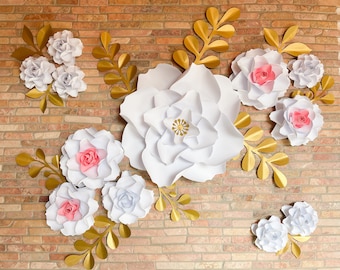Paper Flower Wall Decor: Pink & White Flowers, Gold Leaves, Baby Shower Backdrop