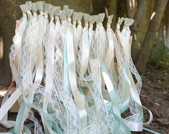 10 Sage Green Ribbon Wands, Ivory Lace Wedding Send Off Favors, Wedding Ceremony Exit