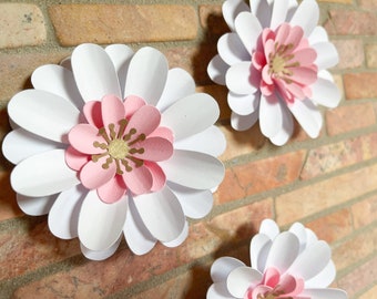 Small Paper Daisies in White and Pink, Box Topper Flowers, Nursery Wall Art, Baby Shower Decor, Paper Flower Wall Decor, Wedding Backdrop