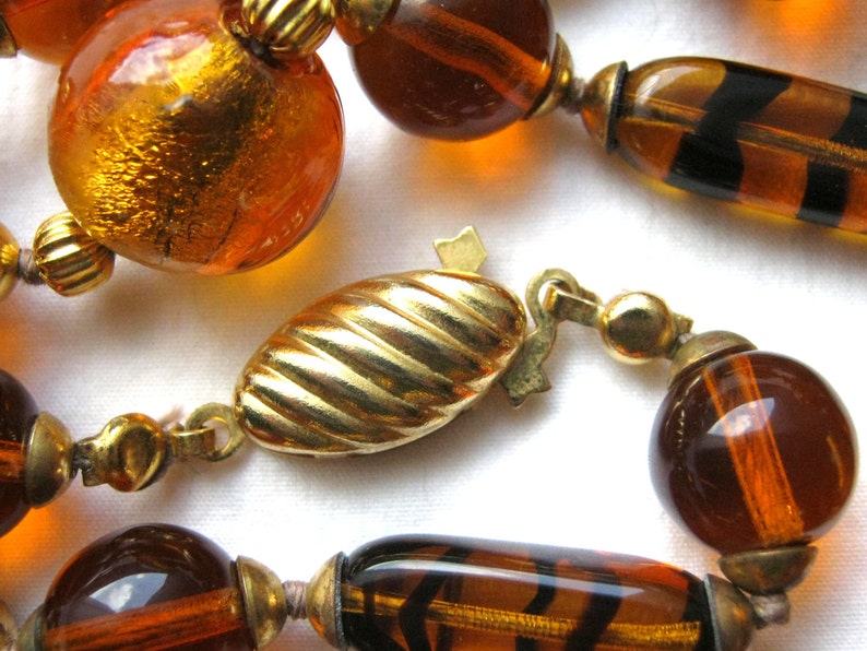 Vintage tiger stripe necklace glass bead beaded necklace gold Etsy