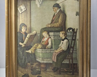 Framed Vintage Print "Sunday Afternoon" by Swiss Artist Albert Anker