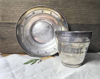 Engraved Quadruple Silver Plate Teacup with Saucer - Rogers S. Smith & Co
