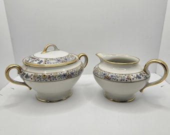 Haviland Porcelain Creamer and Lidded Sugar Bowl Floral and Gilt Trim