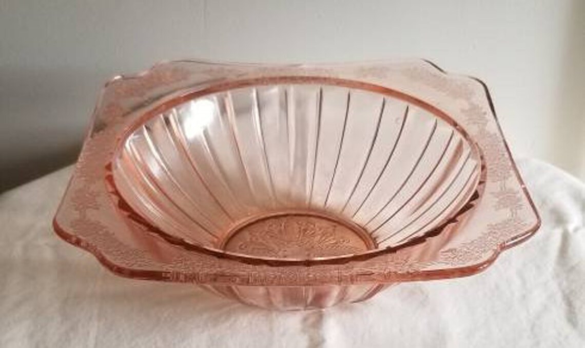 Pink Depression Glass Square Bowl Cherry Blossom Pattern 1930s Etsy