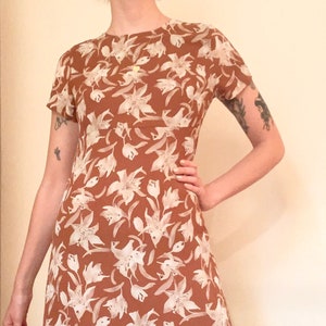 90s Vintage Floral Silky Rust red brown Midi Dress