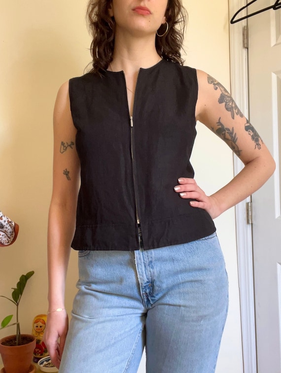 Vintage 90s zip up black sleeveless linen shirt