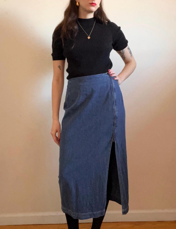 Vintage 90s denim jean maxi skirt with side slit zipper