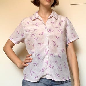 Vintage 80s silky patterned short sleeved button down sheer shirt