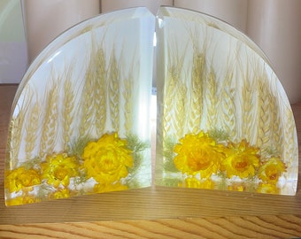 Dried yellow flower wheat resin bookend set, book lover gift