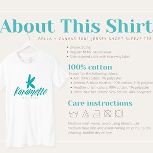 May include: White short-sleeved t-shirt with a teal logo that says "Karamelle by Laura". The shirt is made of 100% cotton, except for certain colors which are a blend of cotton and polyester. Care instructions include machine washing warm, avoiding bleach, and tumble drying on low.