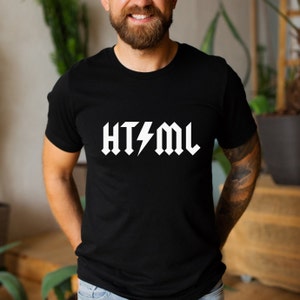 May include: Black t-shirt with a white graphic of the word "HTML" in a rock and roll font with a lightning bolt.