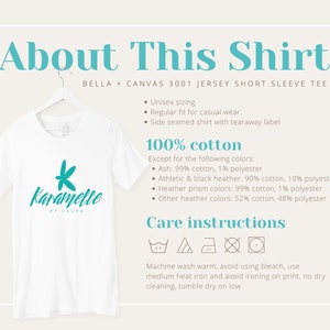 May include: White short-sleeved t-shirt with a teal logo that says "Karamelle by Laura". The shirt is made of 100% cotton, except for certain colours which are a blend of cotton and polyester. Care instructions include machine washing warm, avoiding bleach, and tumble drying on low.