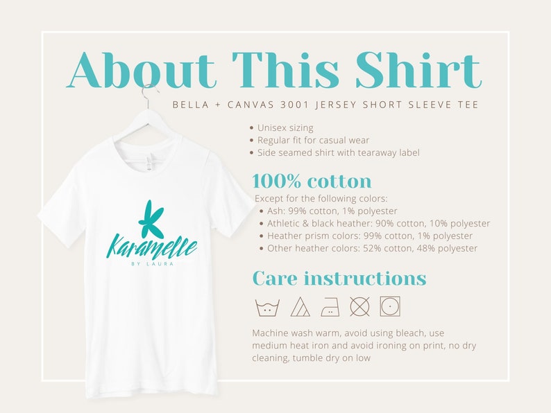 May include: White short-sleeved t-shirt with a teal logo that says "Karamelle by Laura". The shirt is made of 100% cotton, except for certain colours which are a blend of cotton and polyester. Care instructions include machine washing warm, avoiding bleach, and tumble drying on low.