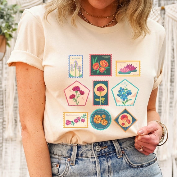Postage Stamps T-Shirt, Postal Stamp Shirt, Floral Stamps, Letter Shirt, Floral Shirt, Stamp Collector Gift, Postage Stamp Lover, Stamp Tee