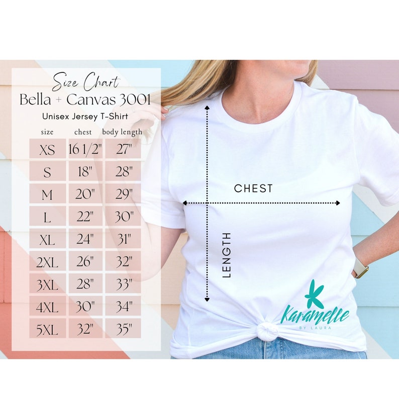 May include: Size chart for Bella + Canvas 3001 Unisex Jersey T-Shirt. The chart shows the chest and body length measurements in inches for sizes XS to 5XL.