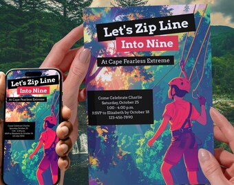 Zipline Birthday Invitation | Adventure Birthday Party Invite | Ropes Course Birthday | Editable Canva Template | Boy Birthday Invitation