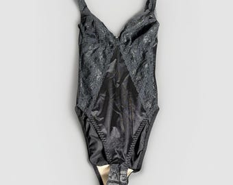Vintage 90s FLEXEES Womens M/34 (Fits S) Shiny Black Nylon/Lace Stretch Bodysuit
