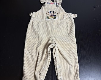 Vintage Y2K DISNEY STORE Baby Boy 18M Corduroy Overalls Mickey Mouse Beige/Tan