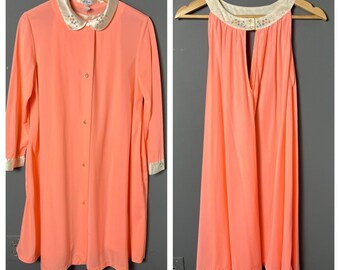 Vintage 70s Eve Stillman Womens M Orange Nylon Peignoir Set Nightgown Robe Sleepwear Lounge Set 1970s