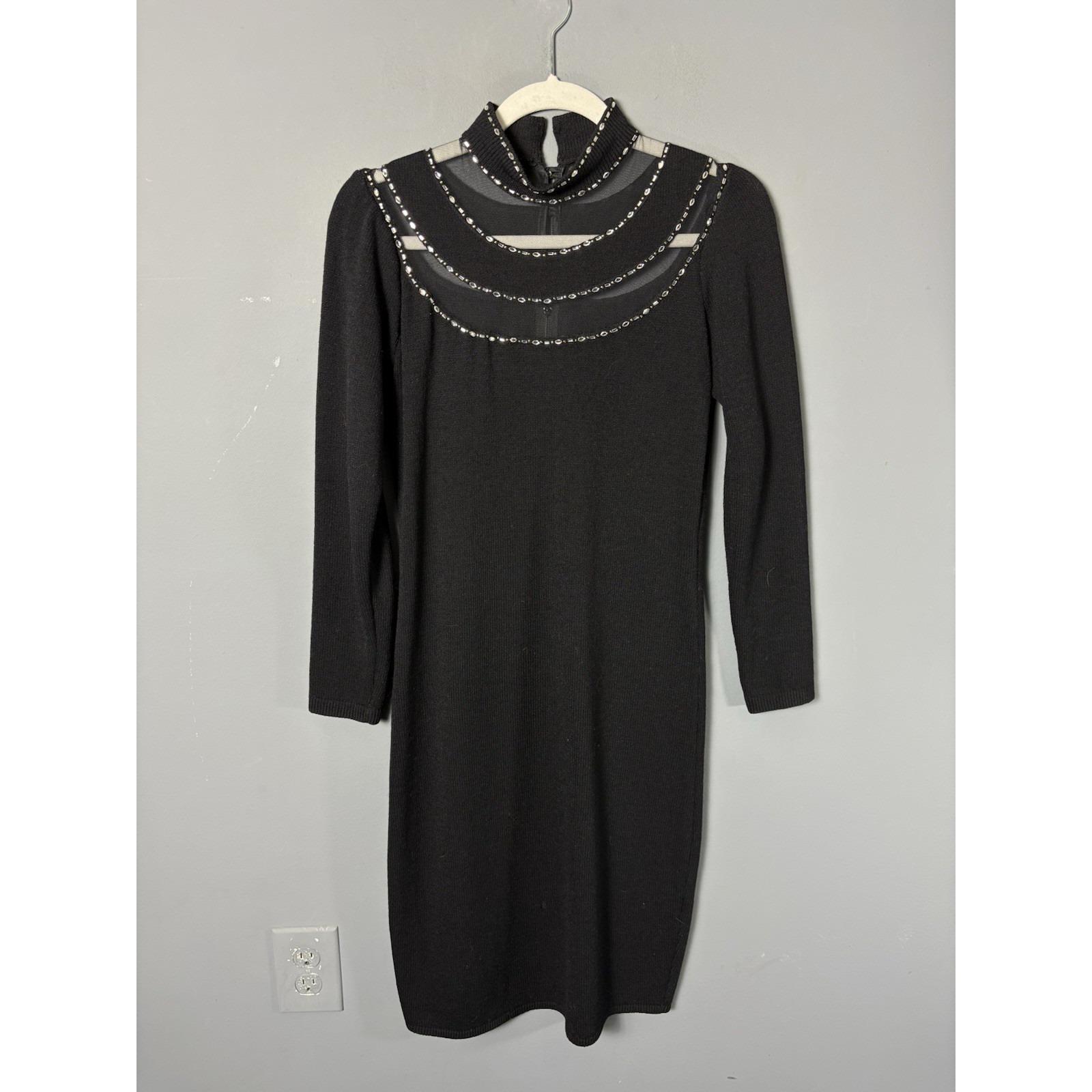green emerald velvet dress St. John Evening Crystal Pin-Embellished Long Sleeve Dress Black Knit –  Celebrity Owned main image 1