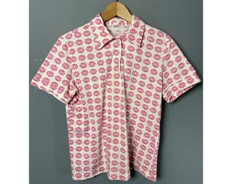 Polo de punto vintage de los años 70 para mujer, talla L, blanco y rosa, estampado floral, Sanibel Sport.