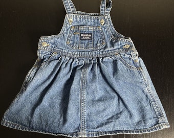 Vintage 90s Oshkosh Baby Girl 18M Blue Denim Overall Casual Jumper Dress 1990s