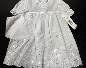 Vintage 80s ALEXIS Baby Girl 24M White Christening/Baptism Dress & Bonnet Set NWT