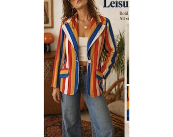 Blazer da donna vintage anni '70 a righe colorate, taglia 11/12, in poliestere, per il tempo libero.