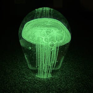 Hand Blown Art Glass 5.5&quot; Clear Jellyfish Paperweight Glows in the Dark Heavy