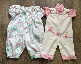 Vintage 80s/90s Baby Girl 6M? Lot of 2 One-Piece Rompers Strawberry/Animal Train