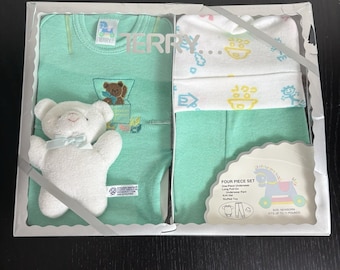 Vintage 90er Jahre TERRY Baby Geschenk-Set NB Size Teddybär mit weißem Frottee Plüsch
