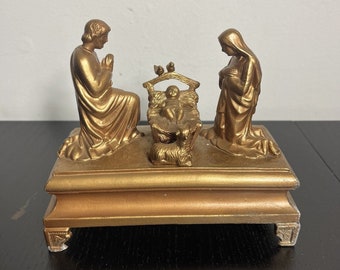 Vintage Gold-Ton-Metall Heilige Familie Krippe Weihnachten Spieluhr (NICHT FUNKTIONIERT)