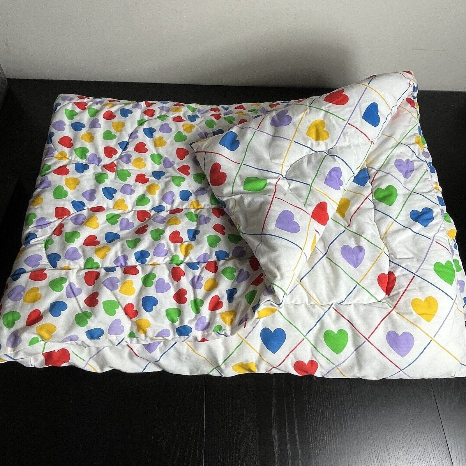 Vintage 80s Twin Size Colorful Rainbow Heart Print Reversible