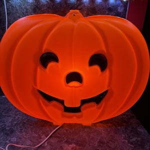 Vintage Large Orange Plastic Blow Mold Halloween Flat Pumpkin Jack O Lantern 20&quot;