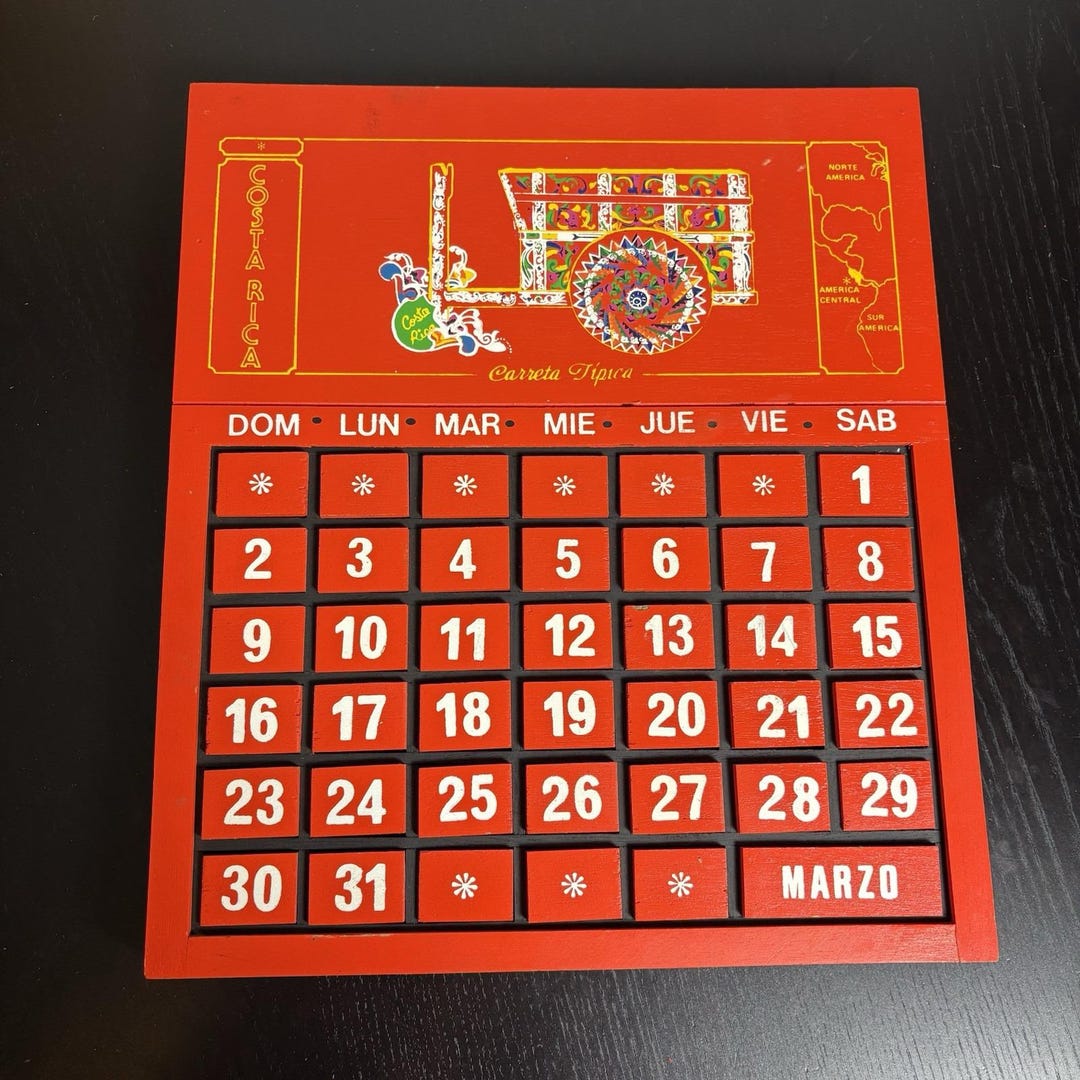 Vintage 80s/1980s Orange Wooden/wood Perpetual Calendar Spanish