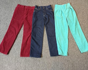 Lotto di 3 pantaloni vintage anni '80 da bambina, taglia 10, in velluto a coste, jeans in denim blu, marca Sears.
